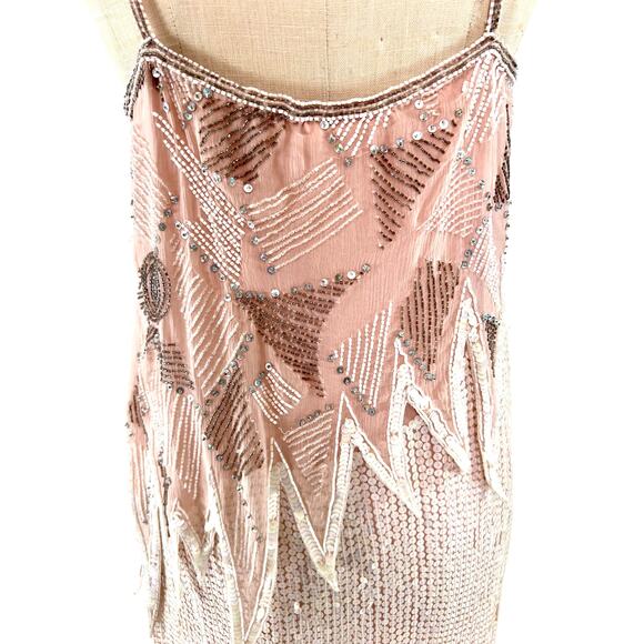 Vtg 80s Sequin Beaded Flapper 20s Art Deco Fringe Glam Gatsby Gown Dress Sz M - Picture 9 of 10